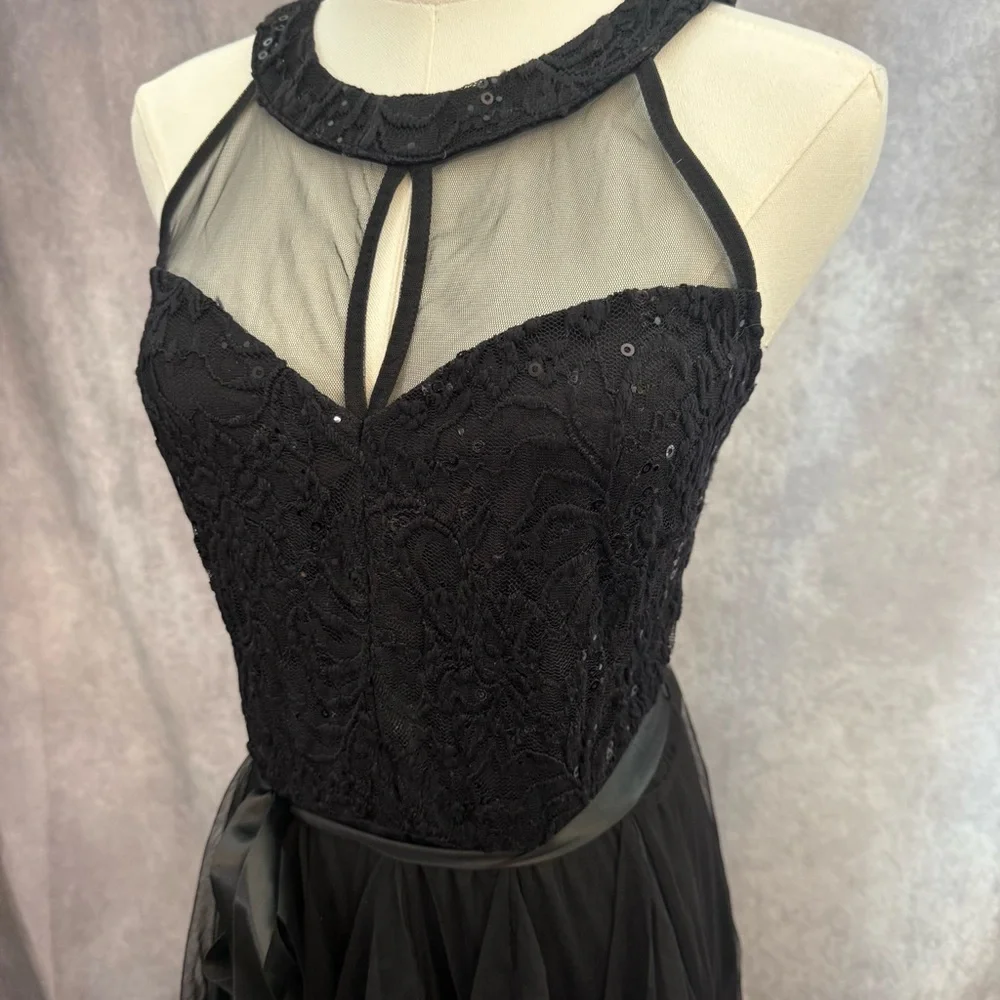Elegant Black Halter Formal Sheer Illusion Dress layered tulle prom bow sequin - Picture 3 of 10